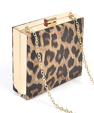FAUX LEATHER LEOPARD PRINT FRAMED CLUTCH
