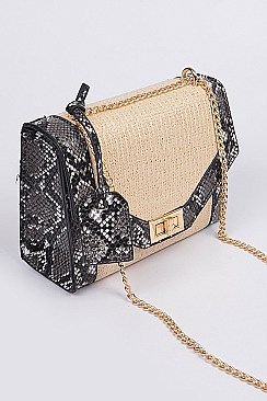 Snake Skin Cross Body Straw Clutch