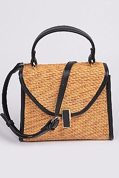 Leather Strap Straw Shoulder Clutch