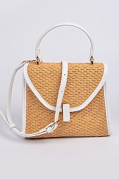 Leather Strap Straw Shoulder Clutch
