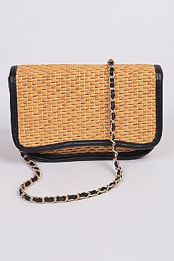 Leather Strap Straw Shoulder Clutch