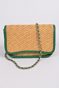 Leather Strap Straw Shoulder Clutch