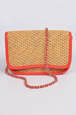 Leather Strap Straw Shoulder Clutch