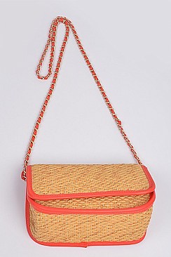 Leather Strap Straw Shoulder Clutch