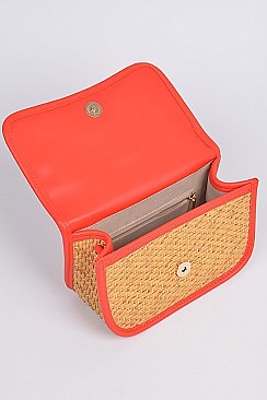 Leather Strap Straw Shoulder Clutch