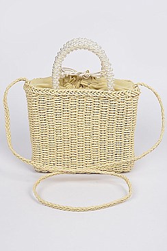 Shoulder Straw Strap Beaded Hand Tote Bag