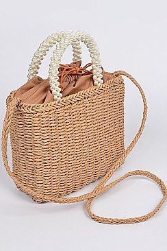 Shoulder Straw Strap Beaded Hand Tote Bag