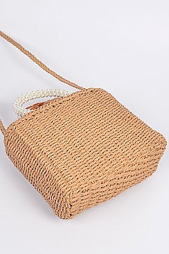 Shoulder Straw Strap Beaded Hand Tote Bag