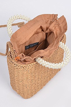 Shoulder Straw Strap Beaded Hand Tote Bag