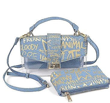 MODERN METALLIC GRAFFITI TRANSPARENT DENIM CLUTCH