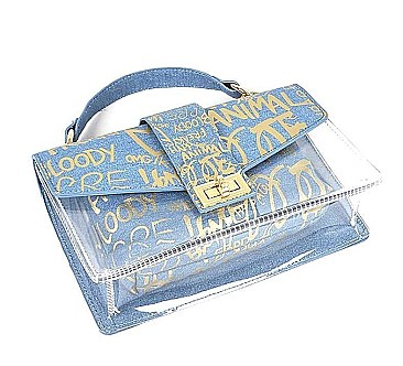 MODERN METALLIC GRAFFITI TRANSPARENT DENIM CLUTCH