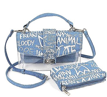 MODERN METALLIC GRAFFITI TRANSPARENT DENIM CLUTCH