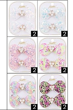 Pack of 12 Fashion 2-pc Spangled Hair Bow Clip Set