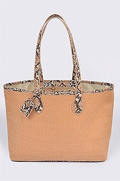 Snake Skin Handle Straw Tote Bag