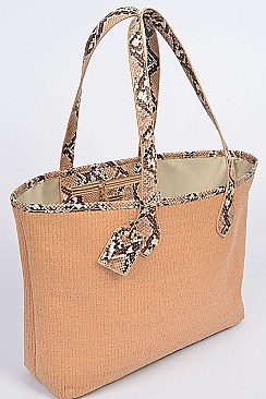 Snake Skin Handle Straw Tote Bag