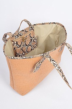 Snake Skin Handle Straw Tote Bag