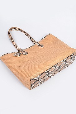 Snake Skin Handle Straw Tote Bag