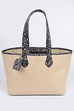 Snake Skin Handle Straw Tote Bag