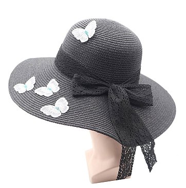 Butterfly Accent Wide Brim Straw Hat