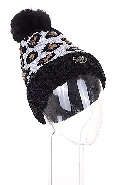 Pack of 12 Trendy Fur Lined Leopard Pompom Beanies