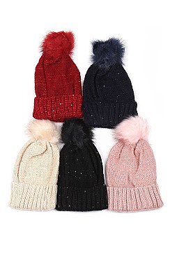 Pack of 12 Classic Sequin Accent Pompom Crochet Beanies