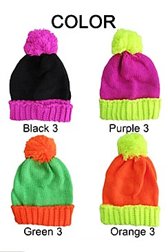 Pack of 12 Lovely Assorted Neon Color Beanie With Pom Pom