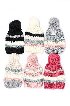 Pack of 12 Three Tone Pompom Beanies