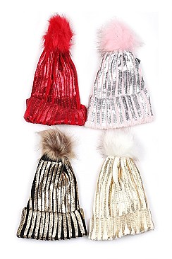 A Dozen Pack Metallic Foil Beanie w Pom-Pom