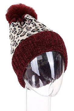 PACK OF 12 ASSORTED COLOR LEOPARD POMPOM BEANIES