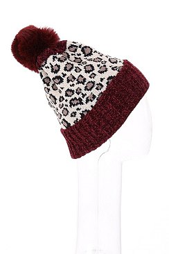 PACK OF 12 ASSORTED COLOR LEOPARD POMPOM BEANIES