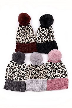 PACK OF 12 ASSORTED COLOR LEOPARD POMPOM BEANIES