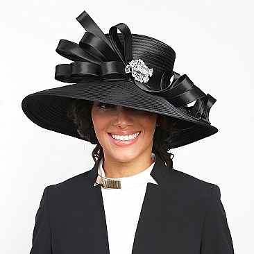 Satin Lady Hat with Bow and Crystal Brooch