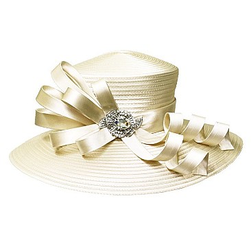 Satin Lady Hat with Bow and Crystal Brooch