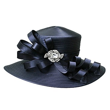 Satin Lady Hat with Bow and Crystal Brooch