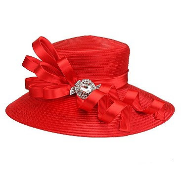 Satin Lady Hat with Bow and Crystal Brooch