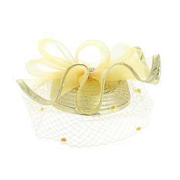 Pillbox Hat With Net VEIL and mesh bow with rhinestones accent