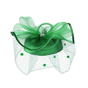 Pillbox Hat With Net VEIL and mesh bow with rhinestones accent