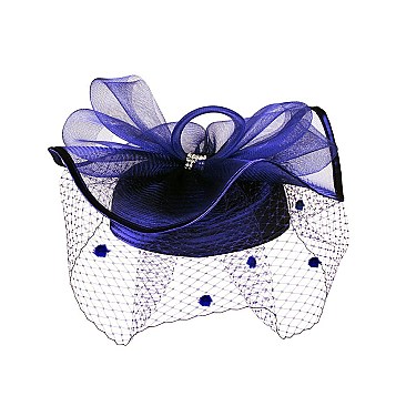 Pillbox Hat With Net VEIL and mesh bow with rhinestones accent