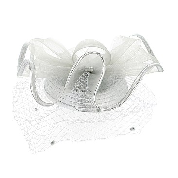 Pillbox Hat With Net VEIL and mesh bow with rhinestones accent