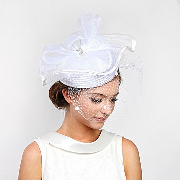 Pillbox Hat With Net VEIL and mesh bow with rhinestones accent