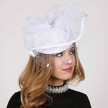 Pillbox Hat With Net VEIL and mesh bow with rhinestones accent