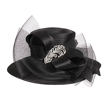 Lady Satin Braid Hat with Mesh Bow and Stone Leaf Accent SLHTB1297