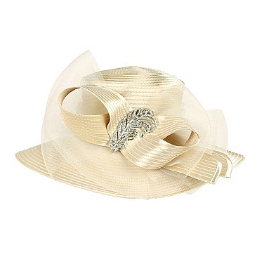 Lady Satin Braid Hat with Mesh Bow and Stone Leaf Accent SLHTB1297