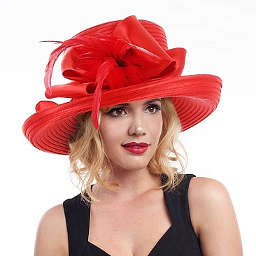 Lady Oval Up Brim Satin Braid Hat with Bow and Long Feathers SLHTB2028