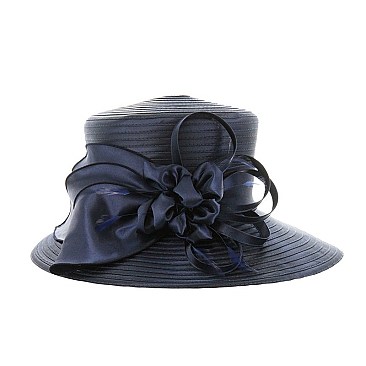 Lady Oval Brim Satin Braid Hat with Bow, Flower and Feathers SLHTB2030