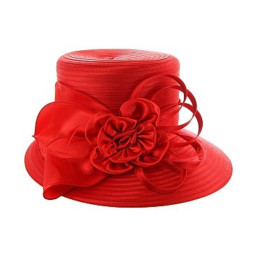Lady Oval Brim Satin Braid Hat with Bow, Flower and Feathers SLHTB2030