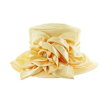 Lady Brim Satin Braid Hat with Mesh Ruffles, Stones and Feathers SLHTB2033