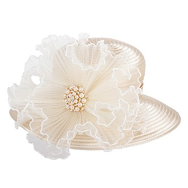 LADY BRAID HAT WITH RUFFLE CENTER AND PEARL SLHTB2083