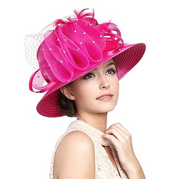 SATIN LADY HAT With Ruffle Mesh And Feather Decor MEZ2106