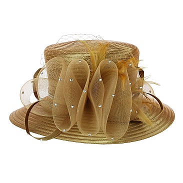 SATIN LADY HAT With Ruffle Mesh And Feather Decor MEZ2106